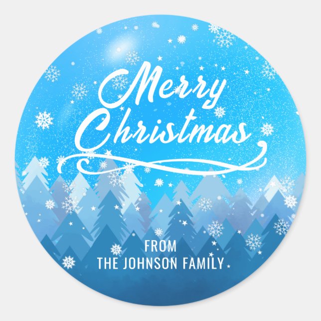 Pegatina Redonda Azul Blanca Nieve Paz Bosque Feliz Navidad (Anverso)