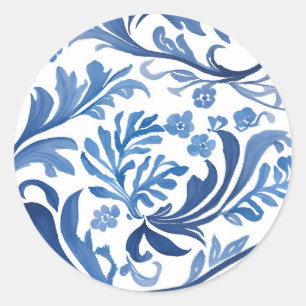 Pegatina Redonda Azul Blanco Chinoiserie Floral Simplista