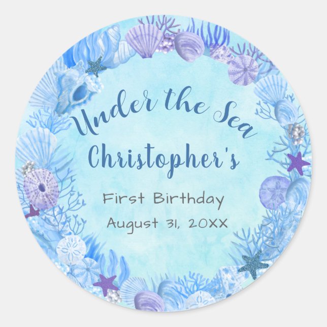 Pegatina Redonda Azul bonito bajo el mar Cumpleaños de un niño (Anverso)