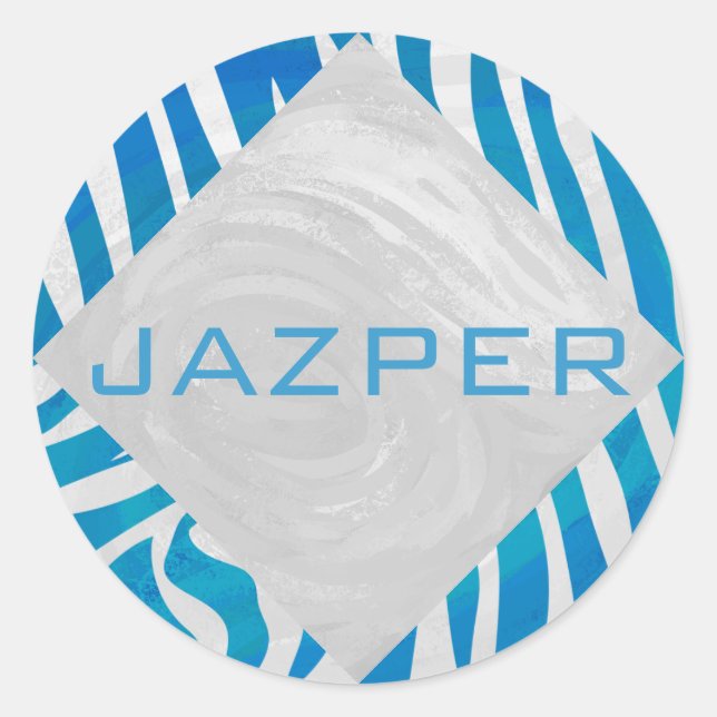 Pegatina Redonda Azul cebra y blanco con monograma (Anverso)