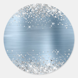 Pegatina Redonda Azul Claro Metálico Brillo Plateado Blanco