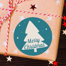 Pegatina Redonda Azul con pino blanco y árbol de Navidad con copos 