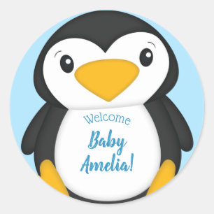 Pegatina Redonda Azul de Baby Shower pingüino