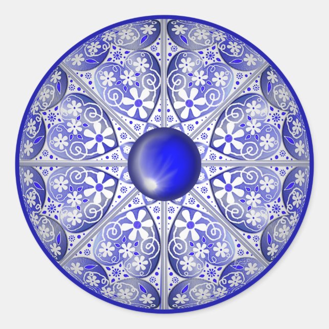 Pegatina Redonda Azul de encaje cerámico de Grecia (Anverso)