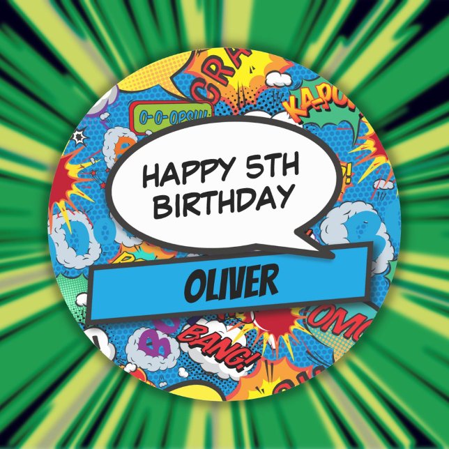 Pegatina Redonda Azul de la fiesta de cumpleaños del superhéroe del (Custom Comic Book Superhero Birthday Party Blue Classic Round Sticker)