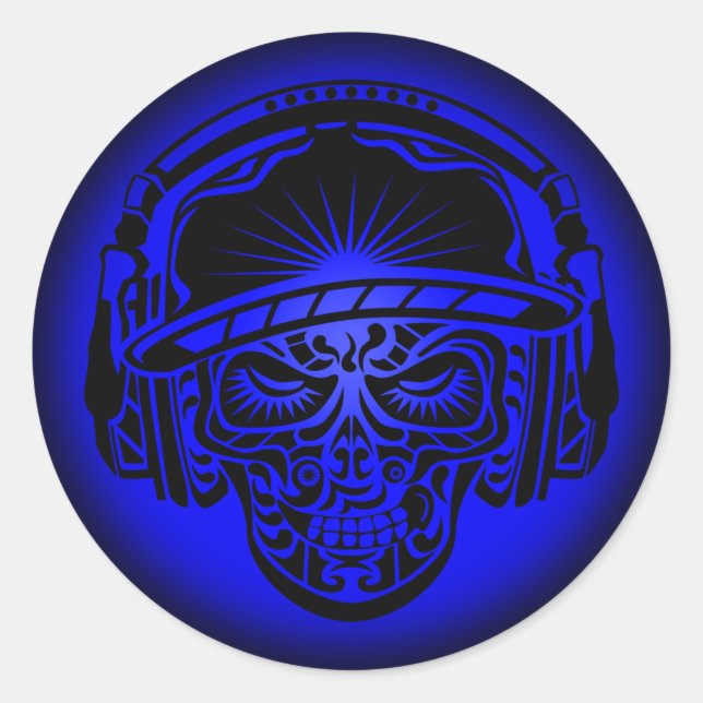PEGATINA REDONDA AZUL DE TRIBAL SKULL (Anverso)