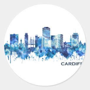 Pegatina Redonda Azul del Skyline de Cardiff Gales