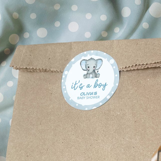 Pegatina Redonda Azul elefante lindo es un niño Baby Shower (Subido por el creador)