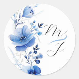 Pegatina Redonda Azul Floral acuática Botánica