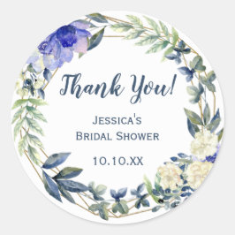 Pegatina Redonda Azul Floral Dorado Geométrico Gracias