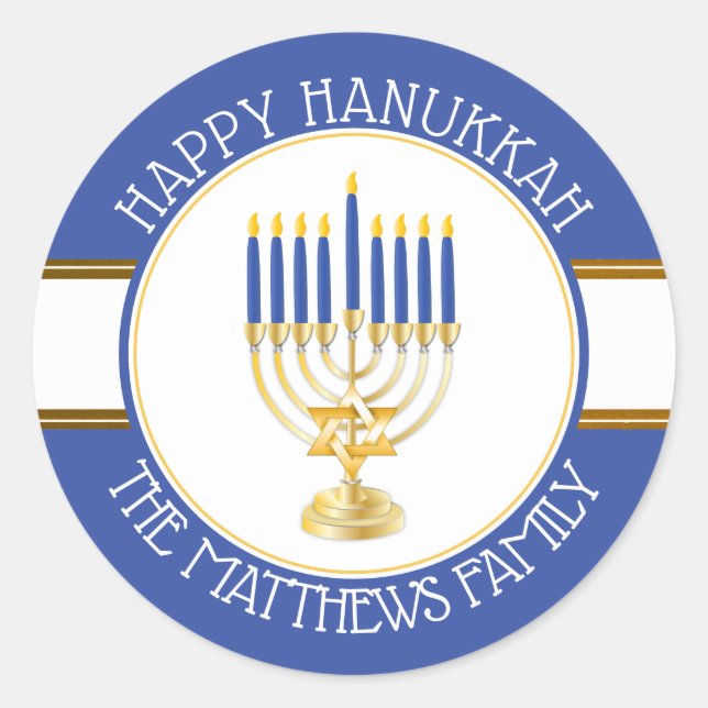 Pegatina Redonda Azul | Gold Menorah Happy Hanukkah Classic Round (Anverso)