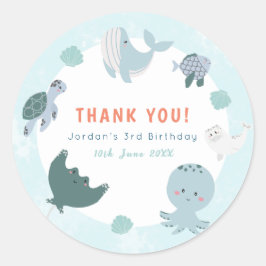 Pegatina Redonda Azul lindo bajo la acuarela del mar Gracias