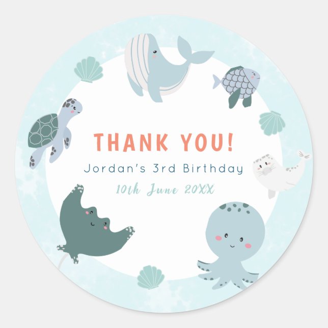 Pegatina Redonda Azul lindo bajo la acuarela del mar Gracias (Anverso)