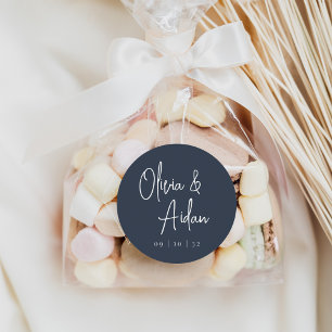 Pegatina Redonda Azul marino   Boda de escritura manuscrita moderna