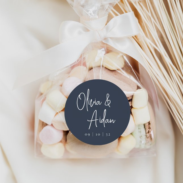 Pegatina Redonda Azul marino | Boda de escritura manuscrita moderna (Subido por el creador)