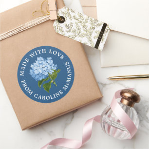 Pegatina Redonda Azul marino con hidrangea blanca hecha con amor