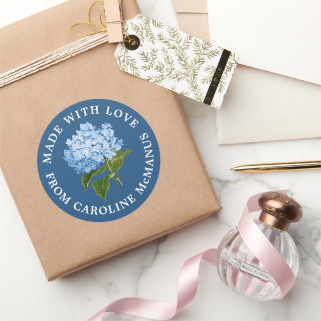 Pegatina Redonda Azul marino con hidrangea blanca hecha con amor (Regalar)