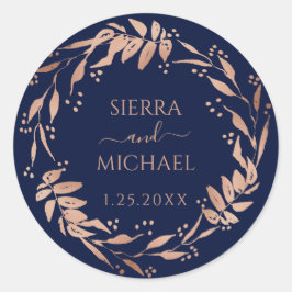 Pegatina Redonda Azul Marino | Elegante Rosa Boda de Foliage de Oro
