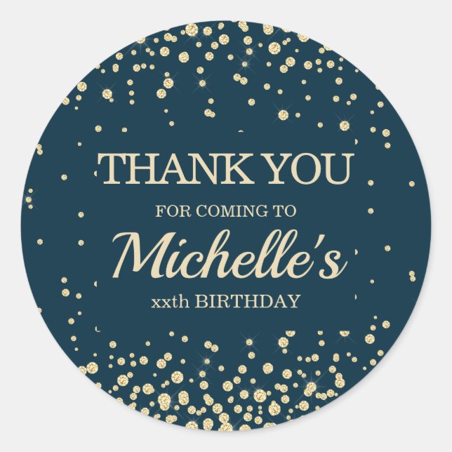 Pegatina Redonda Azul Marino Moderno Brillante Cumpleaños Gracias (Anverso)