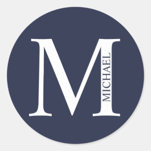 Pegatina Redonda Azul Marino Personalizado Monograma y Nombre