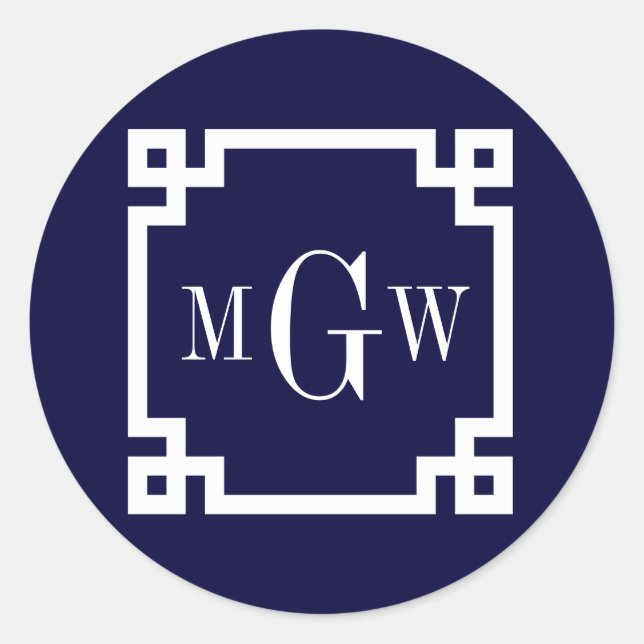 Pegatina Redonda Azul marino Whats Clave Griega #2 Enmarcada Monogr (Anverso)