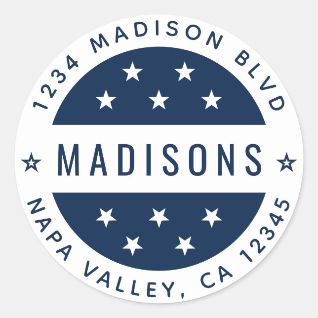 Pegatina Redonda Azul Marino y Estrellas Blancas Dirección de Devol (Anverso)