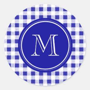 Pegatina Redonda Azul marino y Gingham blanco, tu monograma