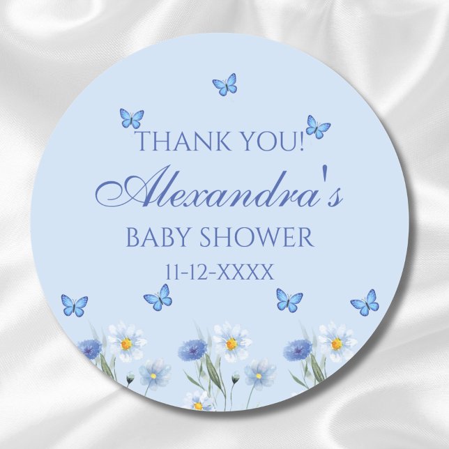 Pegatina Redonda Azul mariposa silvestre Baby Shower Gracias (Subido por el creador)