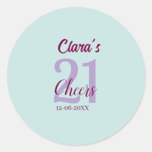 Pegatina Redonda azul mauve brindis cumpleaños 21 agregar nombre fe