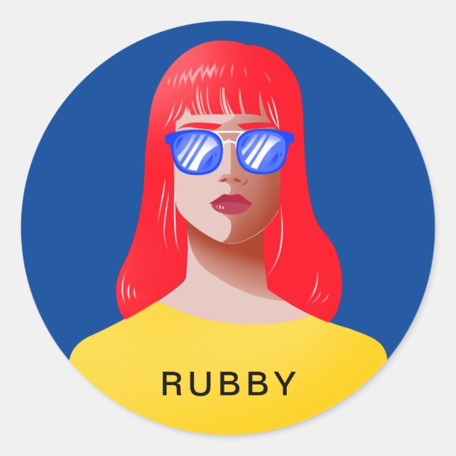 Pegatina Redonda azul moda y mujer elegante (Anverso)