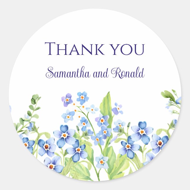 Pegatina Redonda Azul Olvídenme, no acuarela Boda Gracias (Anverso)