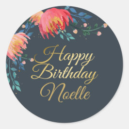 Pegatina Redonda Azul oscuro, elegante, flores caprichosas, acento 