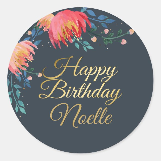 Pegatina Redonda Azul oscuro, elegante, flores caprichosas, acento  (Anverso)