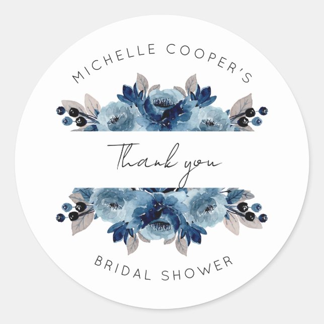 Pegatina Redonda Azul Polvo y Floral Gracias Naval (Anverso)