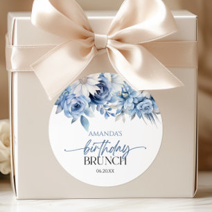 Pegatina Redonda Azul Polvoriento Floral Flores Cumpleaños Brunch F