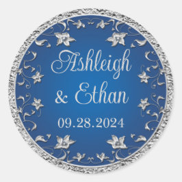 Pegatina Redonda Azul real, Boda floral gris plateado