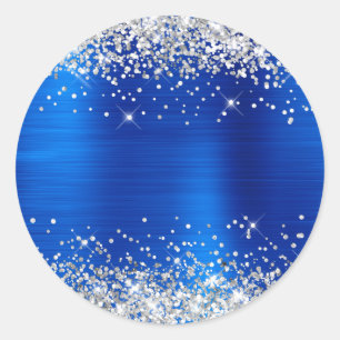Pegatina Redonda Azul Real Metálico Brillo Plateado en Blanco
