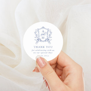 Pegatina Redonda Azul Real Vintage Cresta Boda Agradecimiento