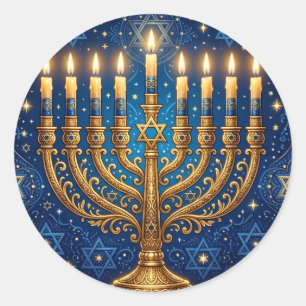 Pegatina Redonda Azul Rico y Dorado Hanukkah Joyado