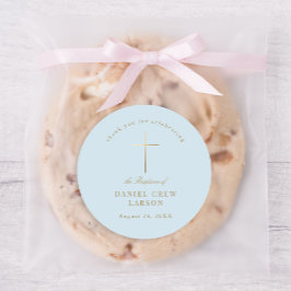 Pegatina Redonda Azul Sencillo Elegante Cruz de Oro Baptismo Christ