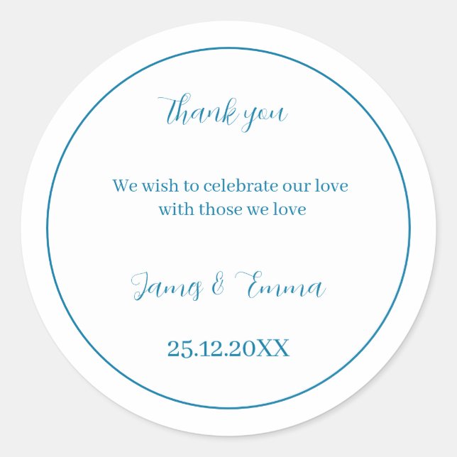 Pegatina Redonda Azul simple Boda personalizado (Anverso)