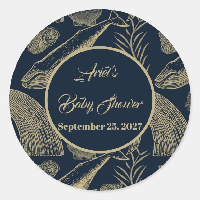 Pegatina Redonda Azul vintage de ballena náutica (Anverso)