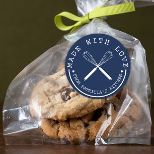 Pegatina Redonda Azul Y Blanco De La Cocina Hecha Con Amor
