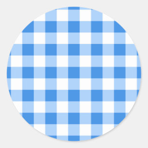 Pegatina Redonda Azul y Blanco Gingham Patrón de Cuadros Fiesta