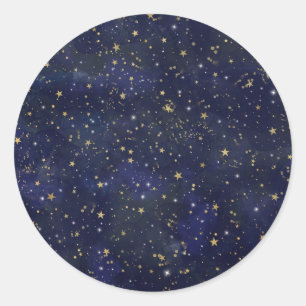 Pegatina Redonda Azul y dorado estrellas celestes acuarela capricho