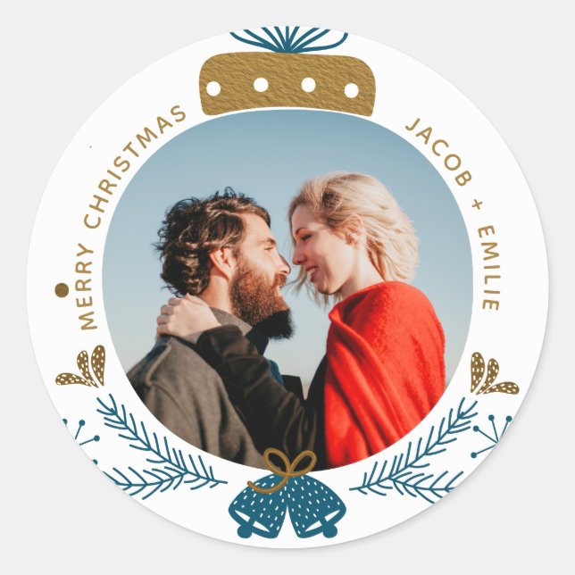 Pegatina Redonda Azul y oro | Fotos en Bauble de Feliz Navidad (Anverso)