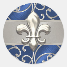 Pegatina Redonda Azul y plata Filigree Swirls Fleur de Lis