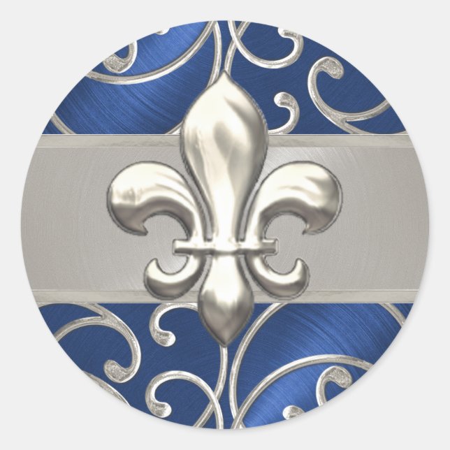 Pegatina Redonda Azul y plata Filigree Swirls Fleur de Lis (Anverso)