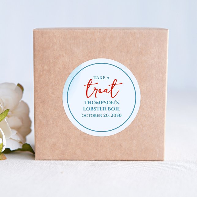 Pegatina Redonda Azul y rojo toman un Personalizado de tratamiento (Custom red and watercolor blue treat sticker.)