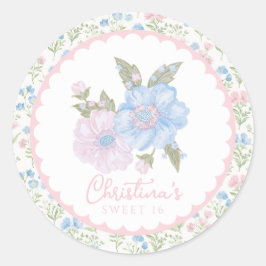 Pegatina Redonda Azul y Rosa Grandmillennial Floral Sweet 16